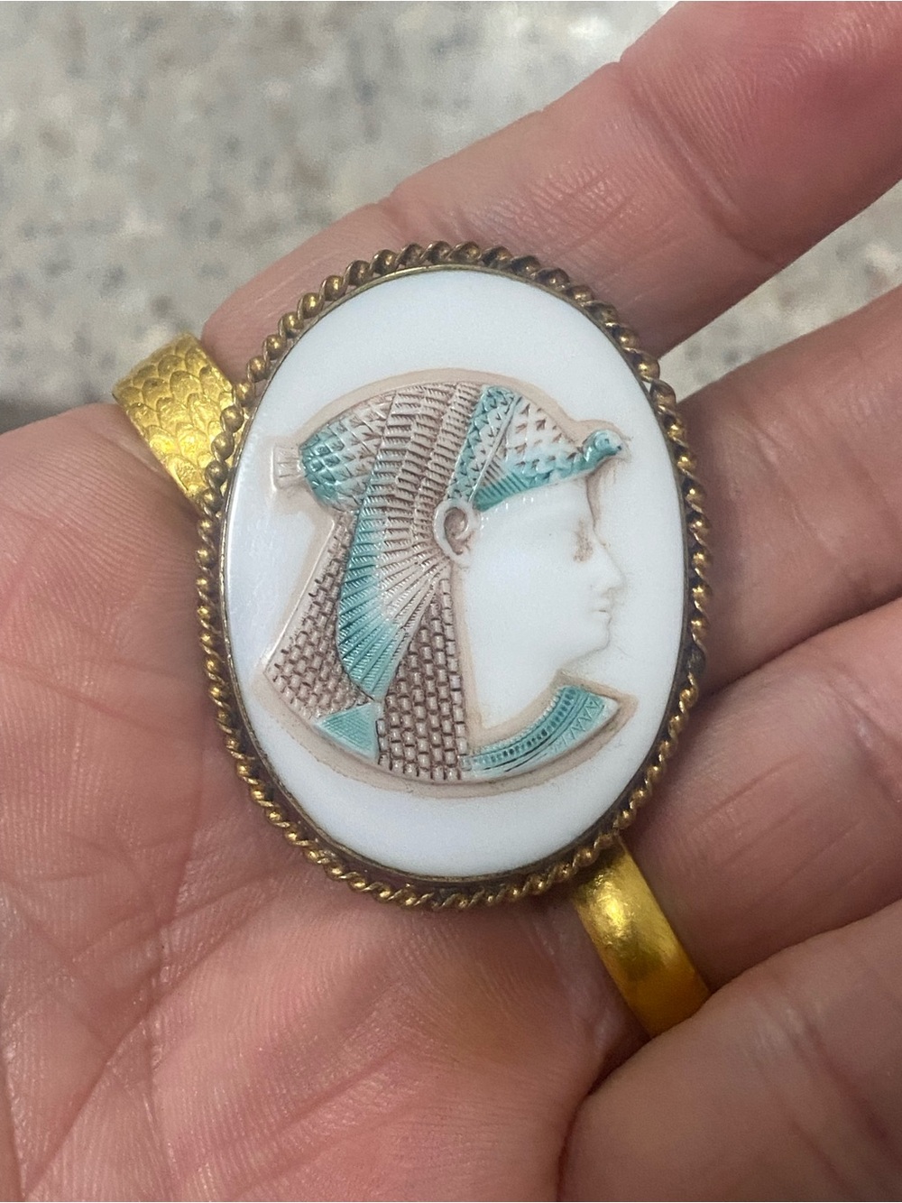 Egyptian Revival Nefertiti Glass Cameo Brooch in White and Turquoise